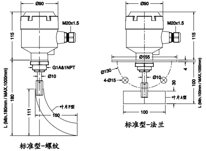 Spin-11A標(biāo)準(zhǔn)型阻旋料位開(kāi)關(guān)尺寸圖